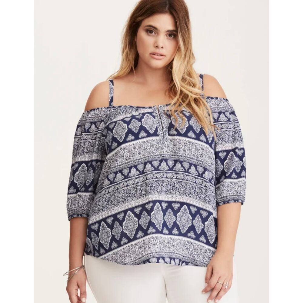 Torrid Navy White Short Sleeve Bohemian Shirt Top 3X Country Western Summer Boho